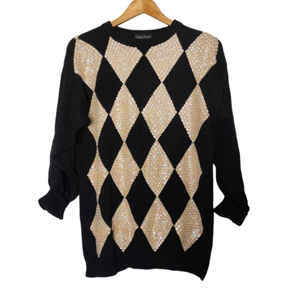 Vintage checkered sequined knit pull over sweater - Picture 1 of 7